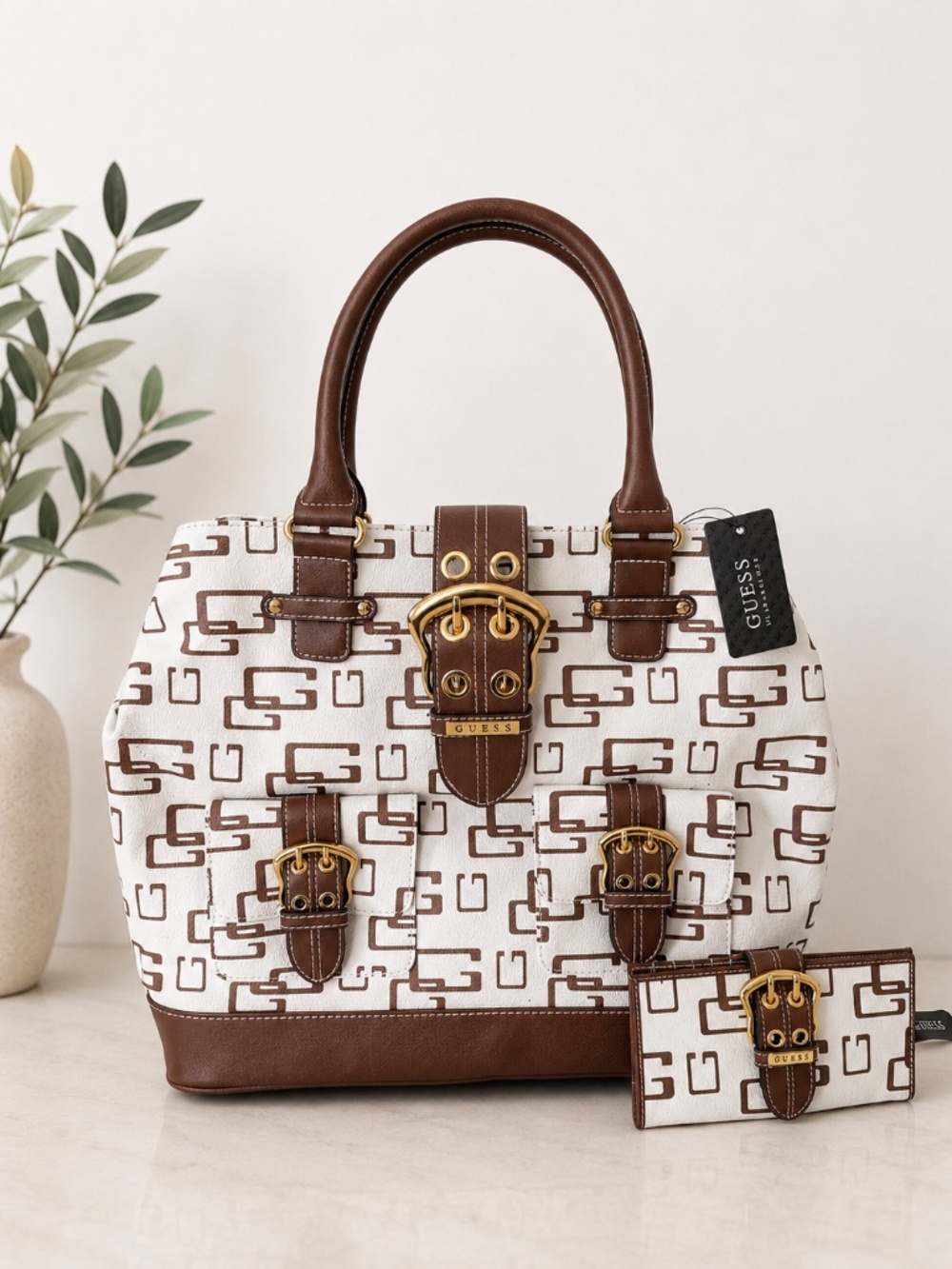 NWT GUESS VINTAGE Y2K LARGE tote BAG WITHE Brown LEATHER
